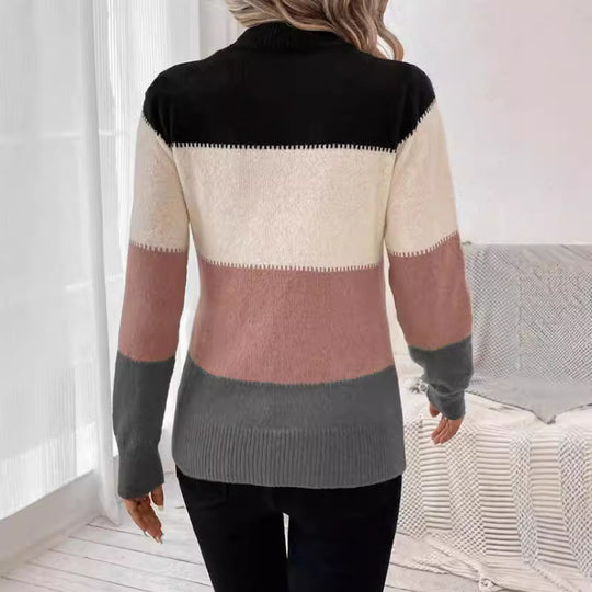 Damen modischer Strickpullover mit trendigem Blockstreifen und steigendem Kragen R&B
