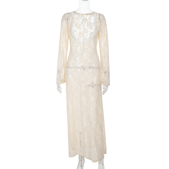 Damen elegantes Spitzenkleid mit tiefer Rückenansicht und langen Ärmeln R&B