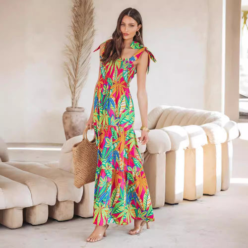 Damen Maxi-Kleid mit floralen Mustern und Trägerdetails R&B