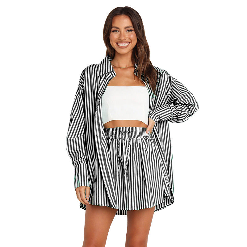 R&B | Fashion Shirt Gestreift Langarm Zweiteiliges Set
