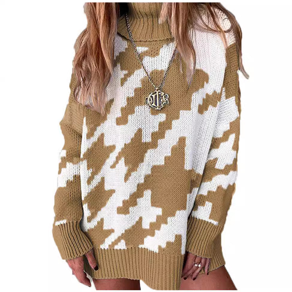 Damen Grobstrickpullover mit hohem Kragen und modernem geometrischen Muster R&B
