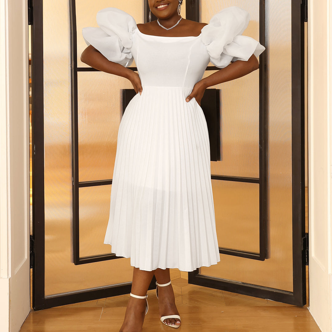 Damen elegantes Midikleid mit Puffärmeln und plissiertem Rock R&B