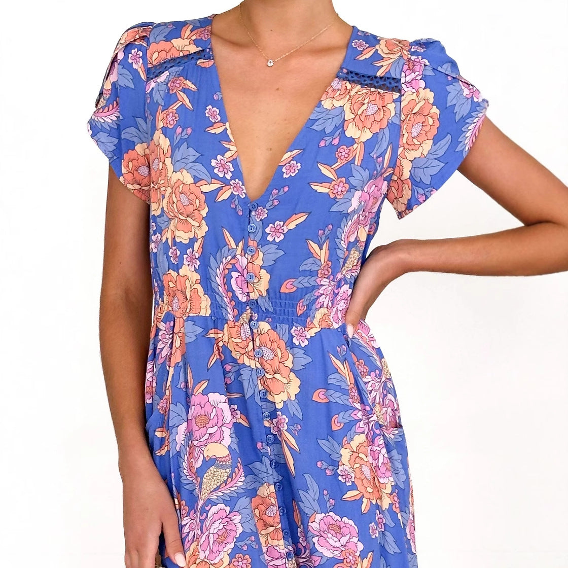 Damen Maxikleid mit tiefem V-Ausschnitt und romantischem Blumenmuster R&B