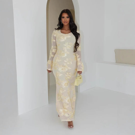 Damen Elegantes Maxikleid mit transparenter Spitze und floralen Applikationen R&B