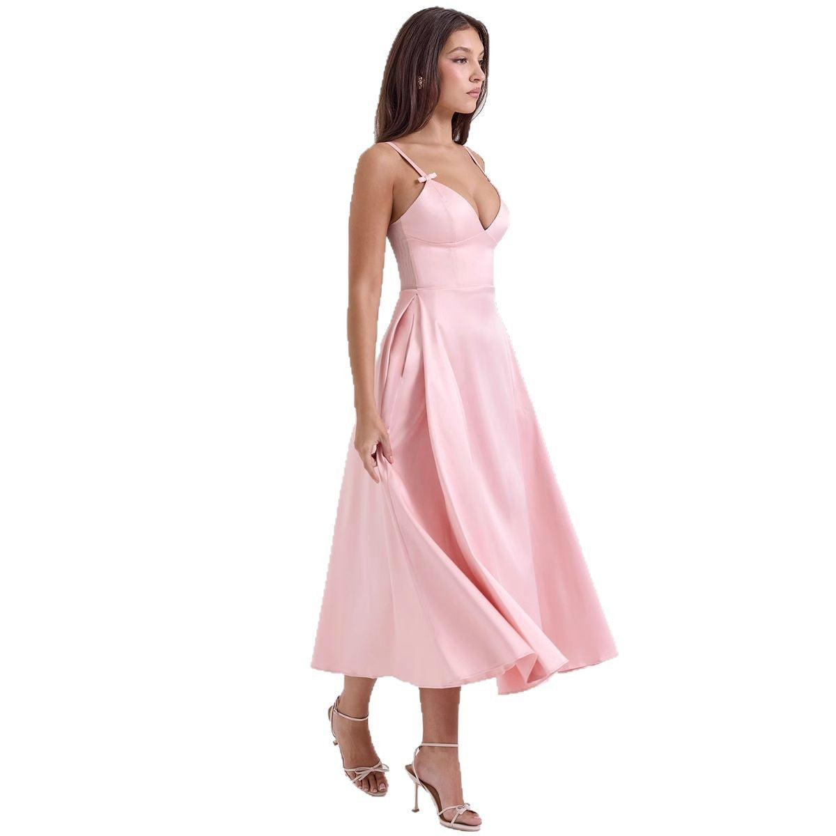 Damen Midikleid mit elegantem V-Ausschnitt und schwingendem Rock R&B