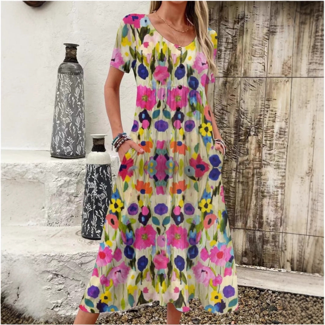 Damen Maxi-Kleid mit floralem Design und praktischen Taschen R&B