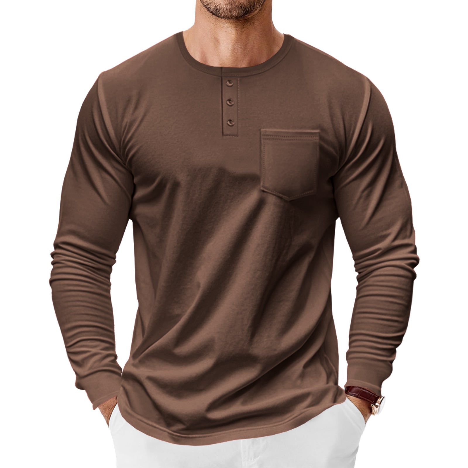 Herren Langarm-Henley-Shirt mit praktischer Brusttasche R&B