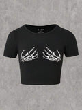 Damen Cropped T-Shirt mit kreativem Skelettdesign R&B