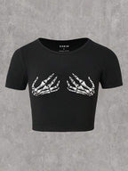 Damen Cropped T-Shirt mit kreativem Skelettdesign R&B