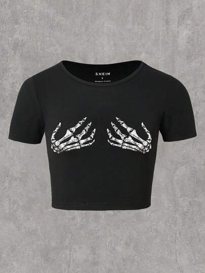 Damen Cropped T-Shirt mit kreativem Skelettdesign R&B