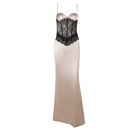 Damen elegantes Korsett-Maxikleid mit Spitzenoberteil R&B