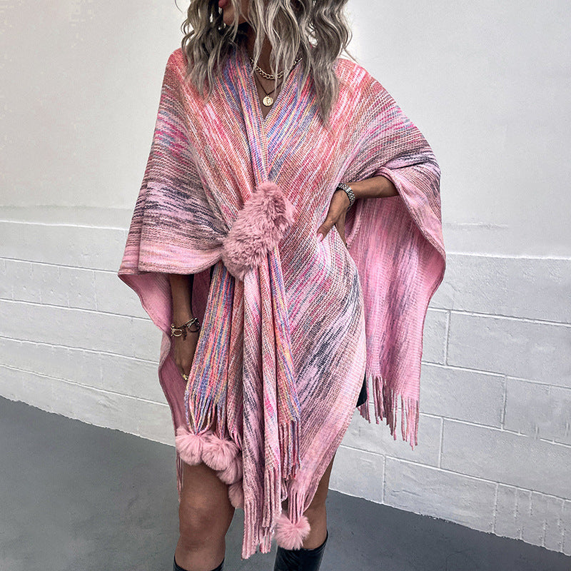 Damen modischer Poncho mit luxuriösem Kunstfellbesatz und kreativen Fransen R&B