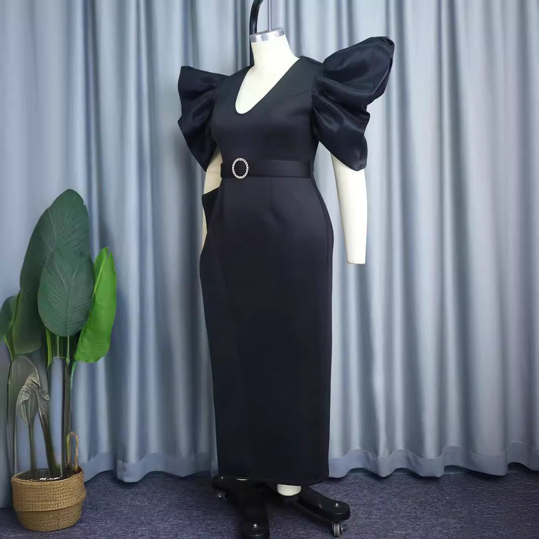 Damen elegantes Abendkleid mit voluminösen Puffärmeln und tailliertem Gürtel R&B