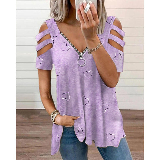 Damen V-Ausschnitt T-Shirt mit Cut-Outs und Herzdesign R&B