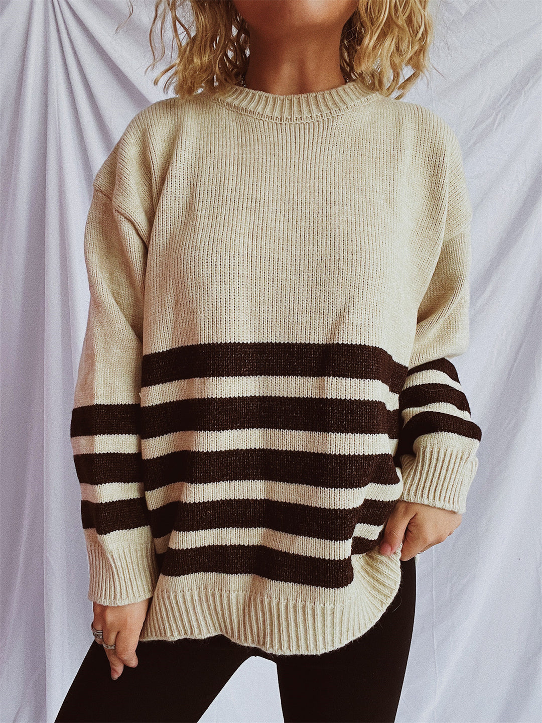 Damen lässiger Oversize-Pullover mit modernem Streifenmuster R&B