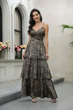 Damen Elegantes Tiermuster-Maxikleid mit tiefem V-Ausschnitt und voluminösem Rock R&B