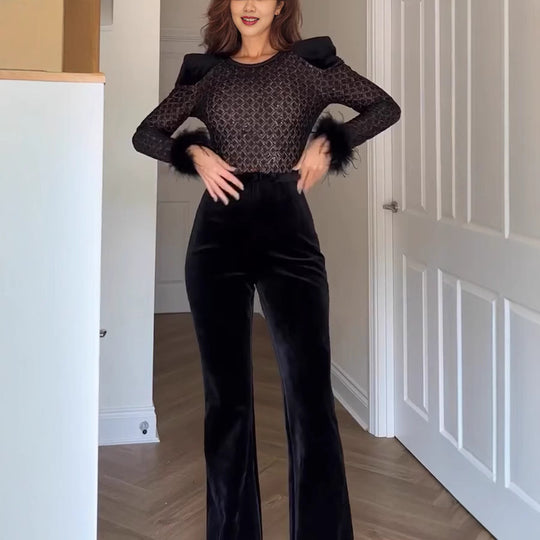 Damen Elegante und modische Bluse mit Pailletten und ausgestellten Ärmel R&B