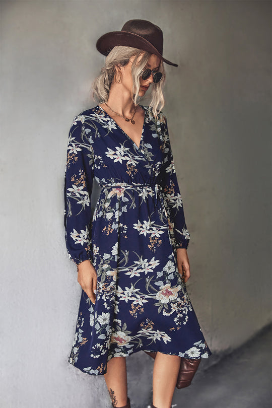 Damen Midi-Kleid mit elegantem floralem Design und tailliertem Gürtel R&B