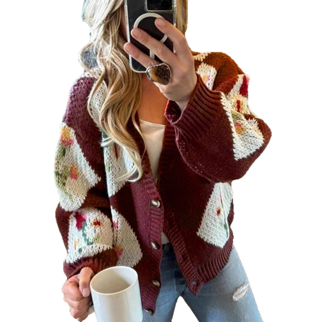 Damen Strickjacke mit floralem Muster und dekorativem Knopfdesign R&B