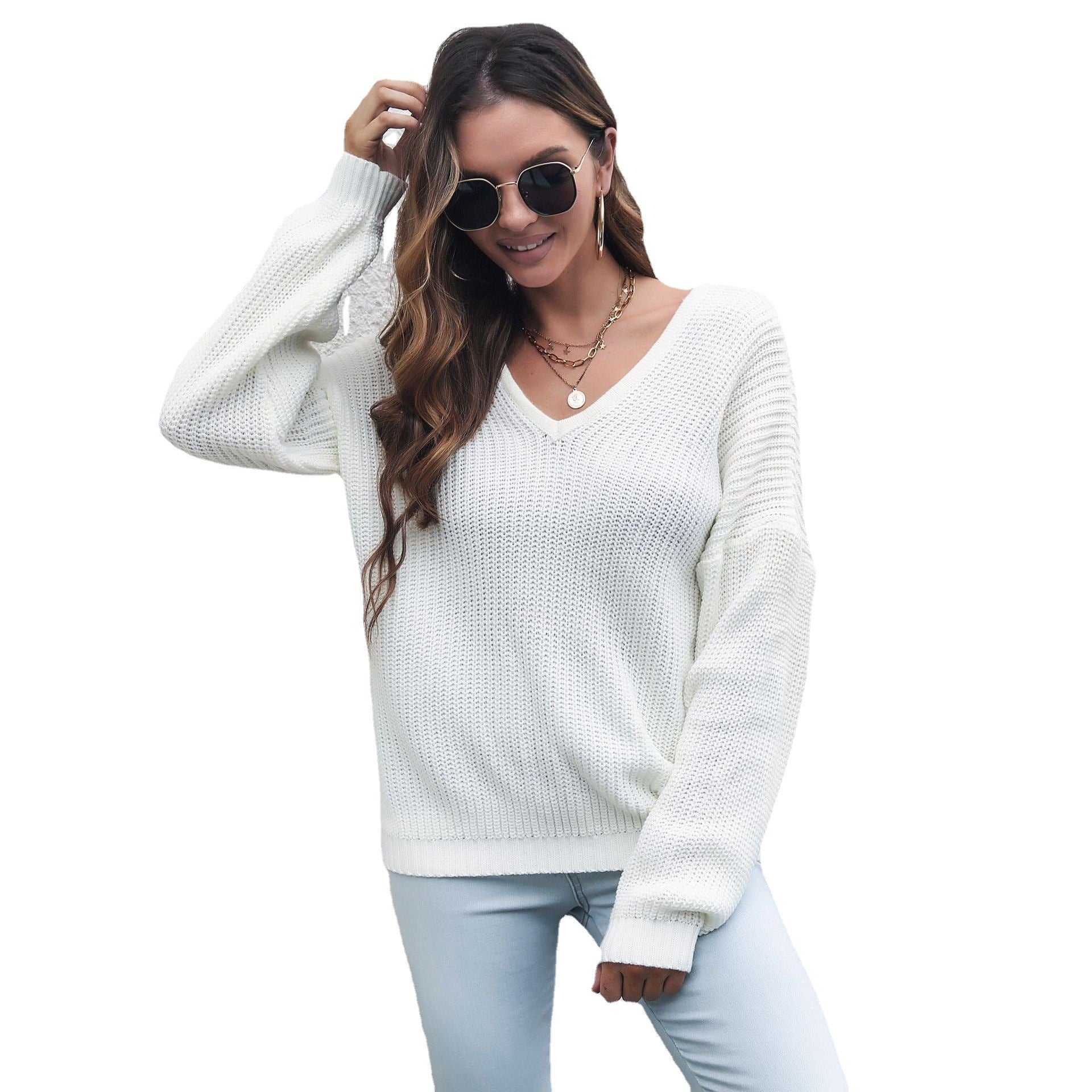 Damen V-Ausschnitt Strickpullover mit strukturierter Oberfläche und lässigem Schnitt R&B