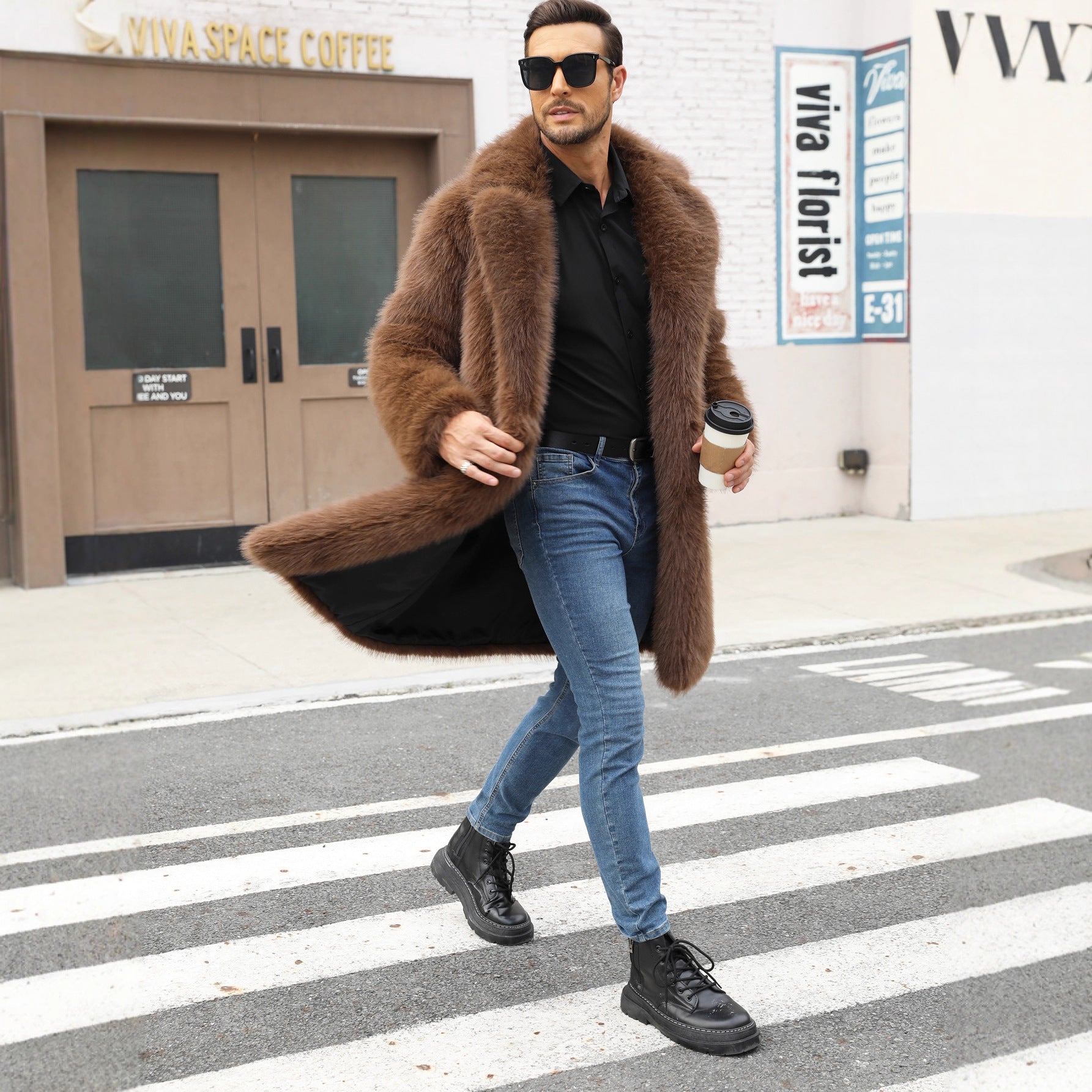 Herren Luxuriöse Kunstpelzjacke mit voluminösem Kragen R&B