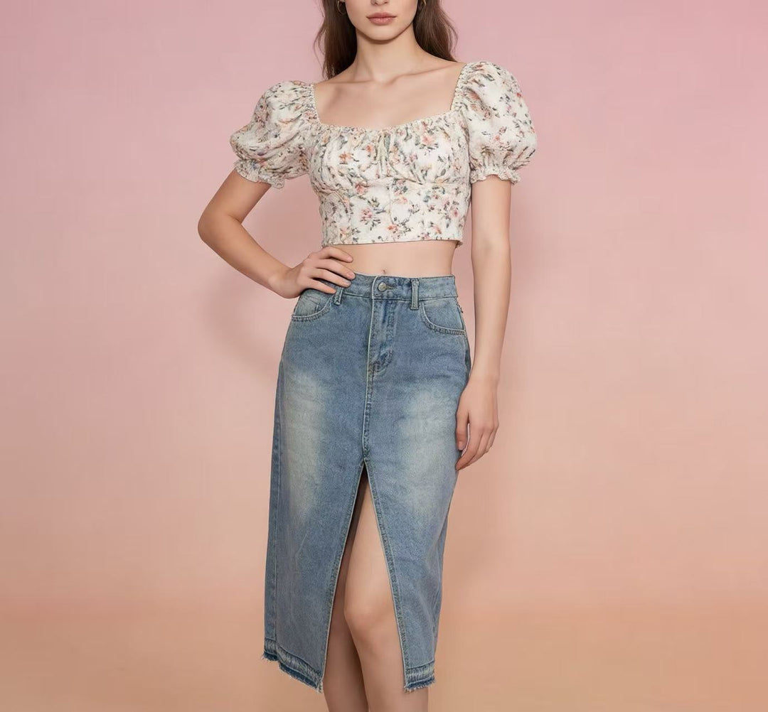 Damen Midi-Denim-Rock mit hohem Schlitz und fransigem Saum R&B