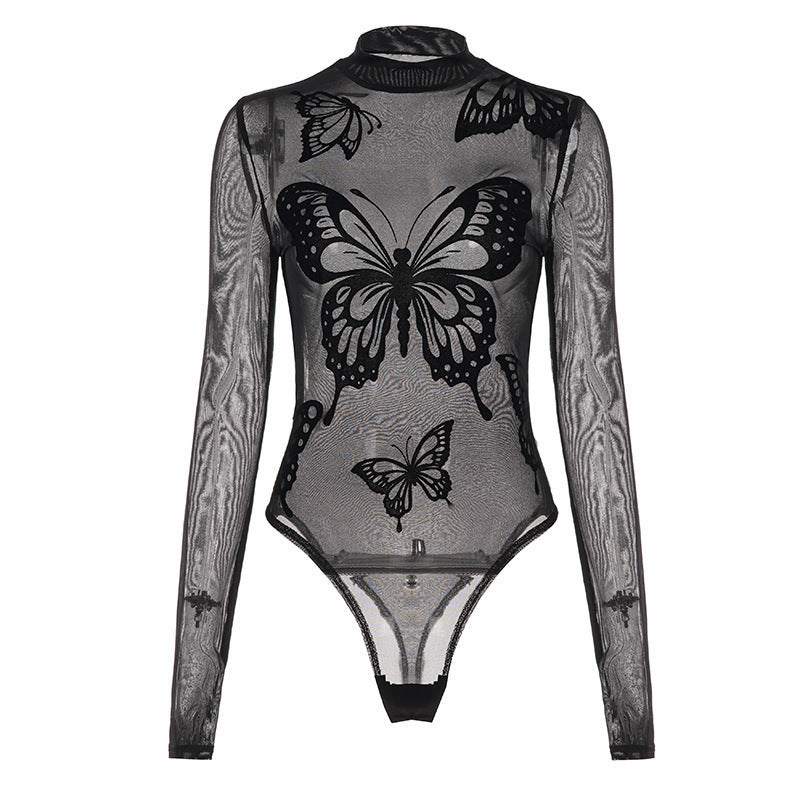 Damen Elegantes Bodysuit mit feinen Schmetterlingsmotiven und transparentem Stoff R&B