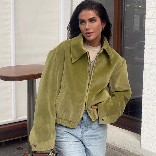 Damen modische Veloursjacke mit elastischem Saum R&B