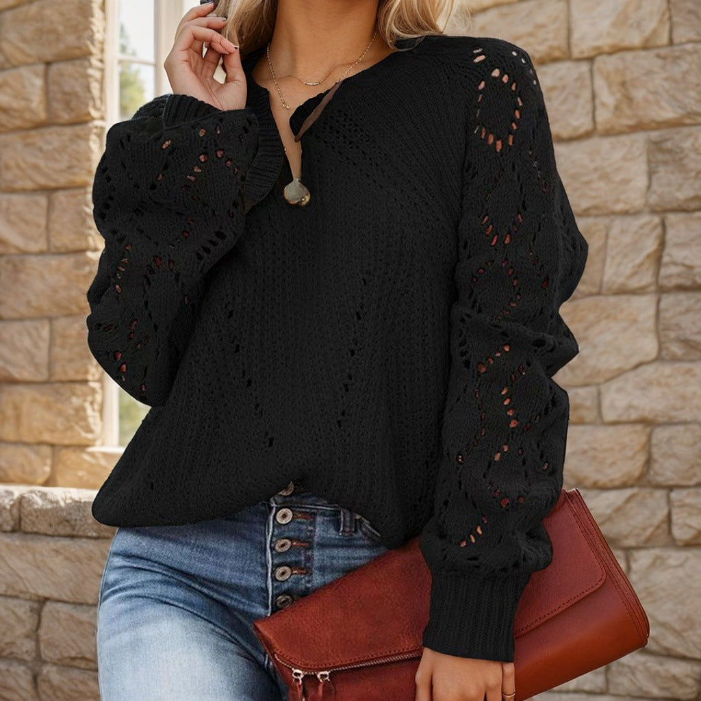 Damen Strickpullover mit romantischem Lochmuster und weiten Ärmeln R&B