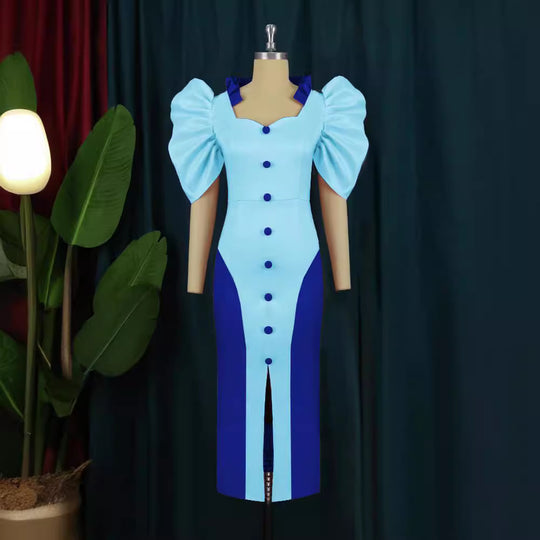 Damen Elegantes Maxikleid mit voluminösen Puffärmeln und Knopfdetails R&B