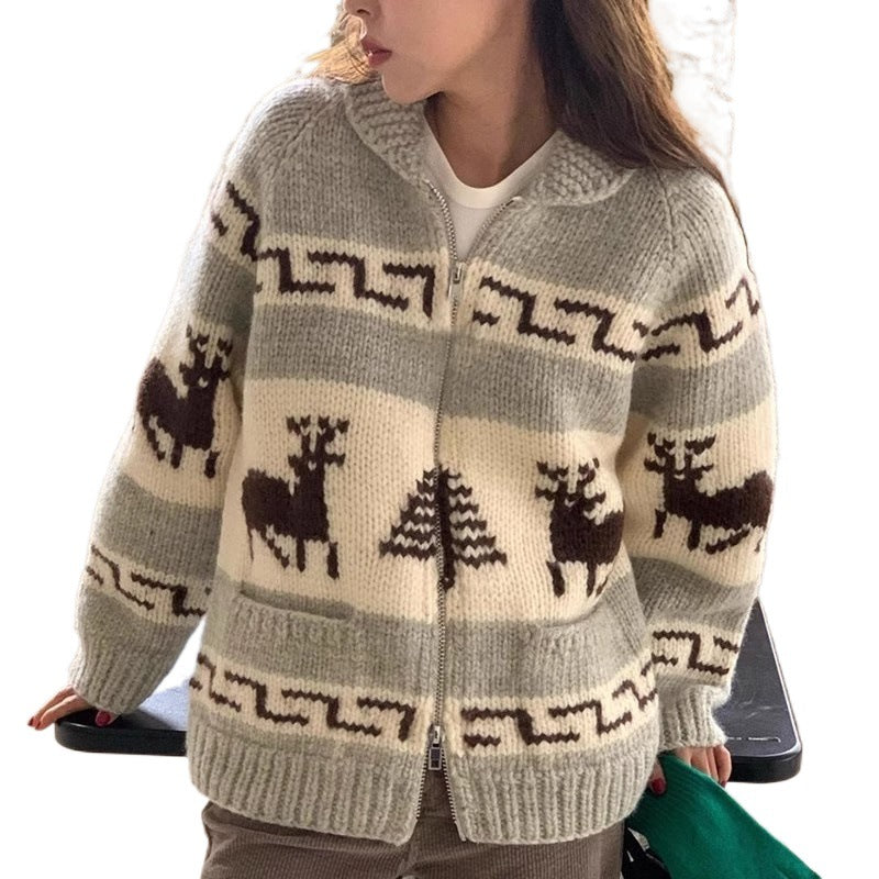 Damen Strickjacke mit festlichem Rentier-Motiv und praktischen Taschen R&B