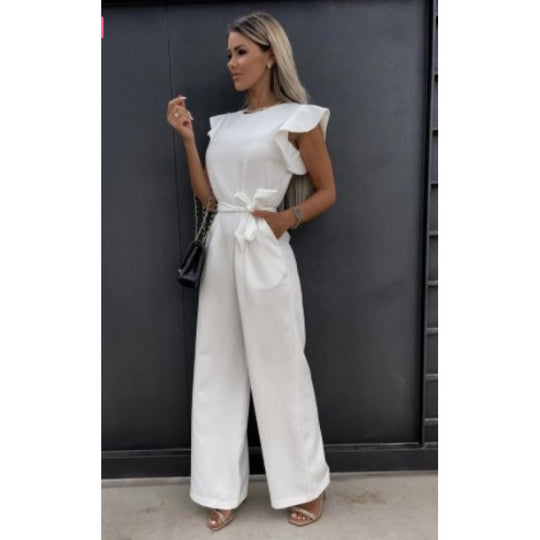 Frauen Fließender Weitbeiniger Jumpsuit mit Rüsche Ärmel R&B