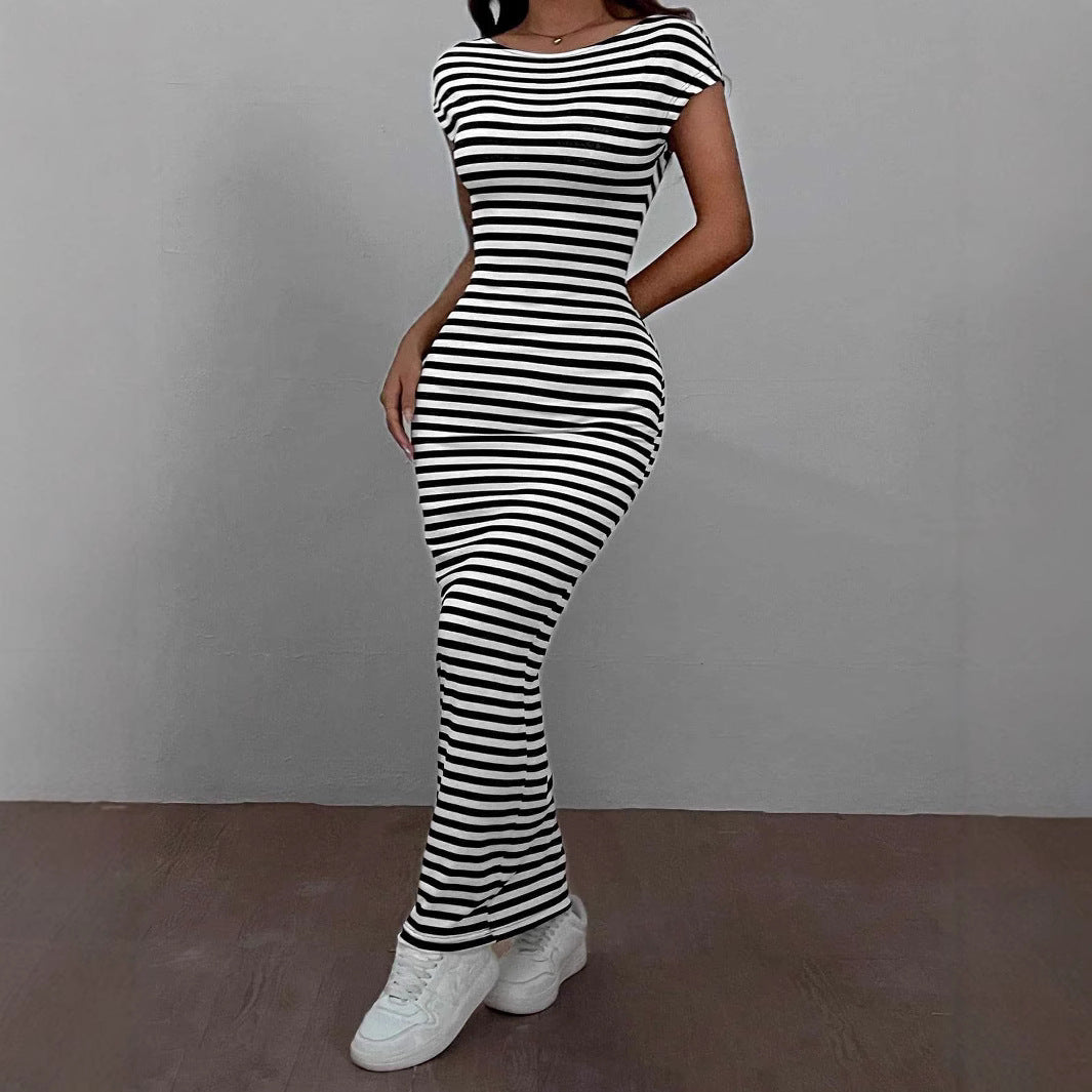 Damen Maxikleid mit offenem Rücken und Stripes R&B