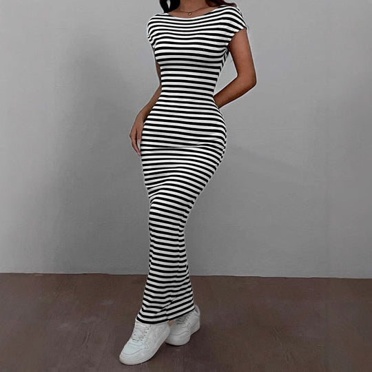 Damen Maxikleid mit offenem Rücken und Stripes R&B