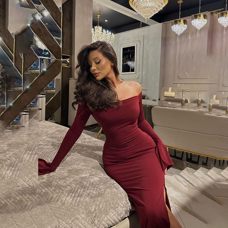 Damen figurbetontes schulterfreies Maxikleid mit elegantem Schlitz R&B