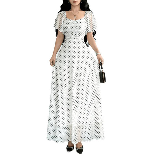 Damen Maxikleid mit voluminösen Rüschenschultern und vintage Punktedesign R&B