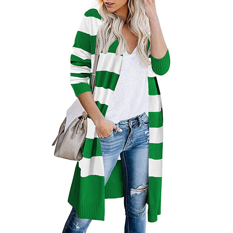 Damen Langer Strickcardigan mit gestreiftem Design R&B