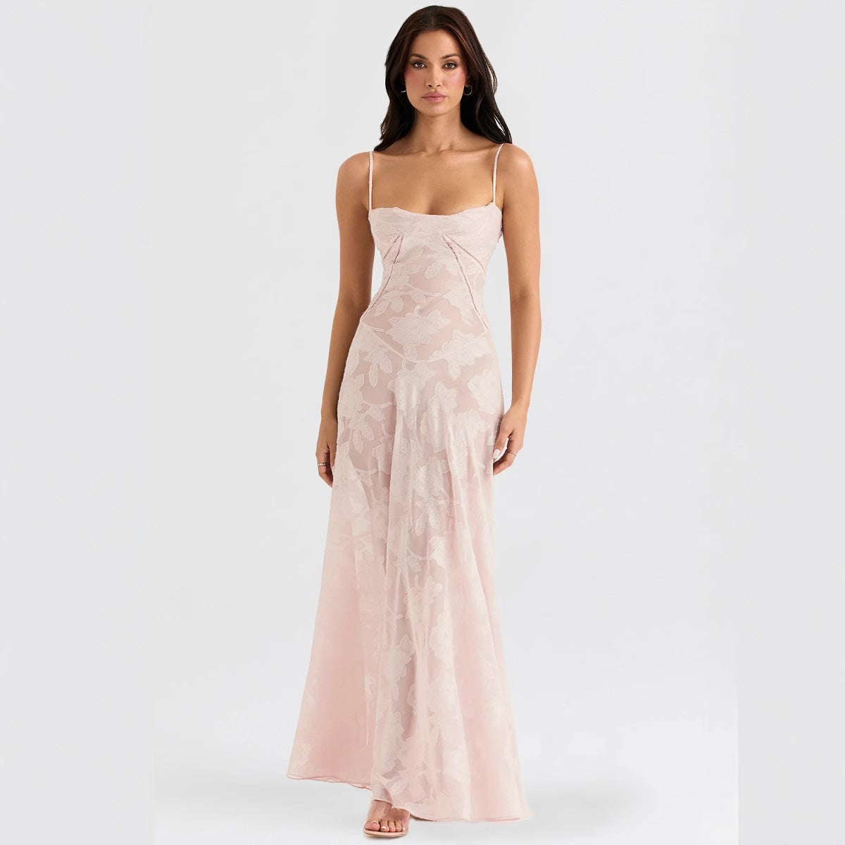 Damen Maxikleid mit dekorativem Spitzen-Oberteil und fließendem Rock R&B