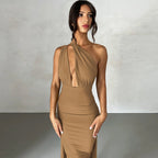 Damen Maxikleid mit tiefem V-Ausschnitt und seitlichem Schlitz R&B