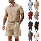 Herren nan dreidimensionales Relief-Freizeit-Set mit Polokragen, verdeckter Knopfleiste und elastischer Tunnelzugshorts R&B