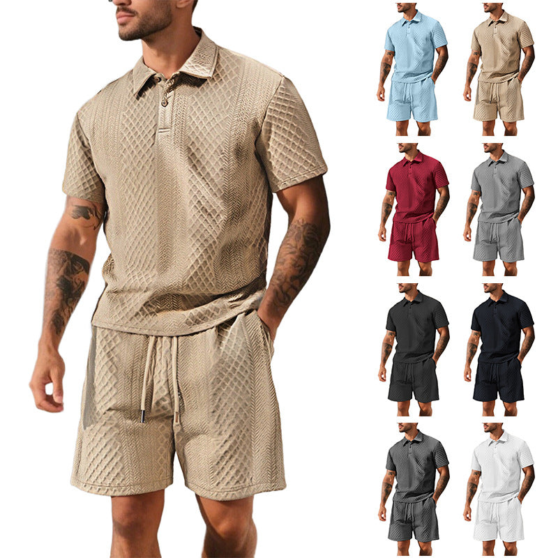 Herren nan dreidimensionales Relief-Freizeit-Set mit Polokragen, verdeckter Knopfleiste und elastischer Tunnelzugshorts R&B