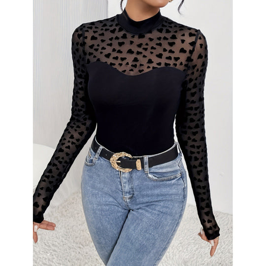 Damen Langarm-Body mit transparenten Herzen und elegantem Stehkragen R&B