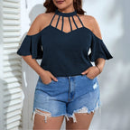 Damen Off-Shoulder Top mit Stehkragen und verspielten Rüschendetails R&B