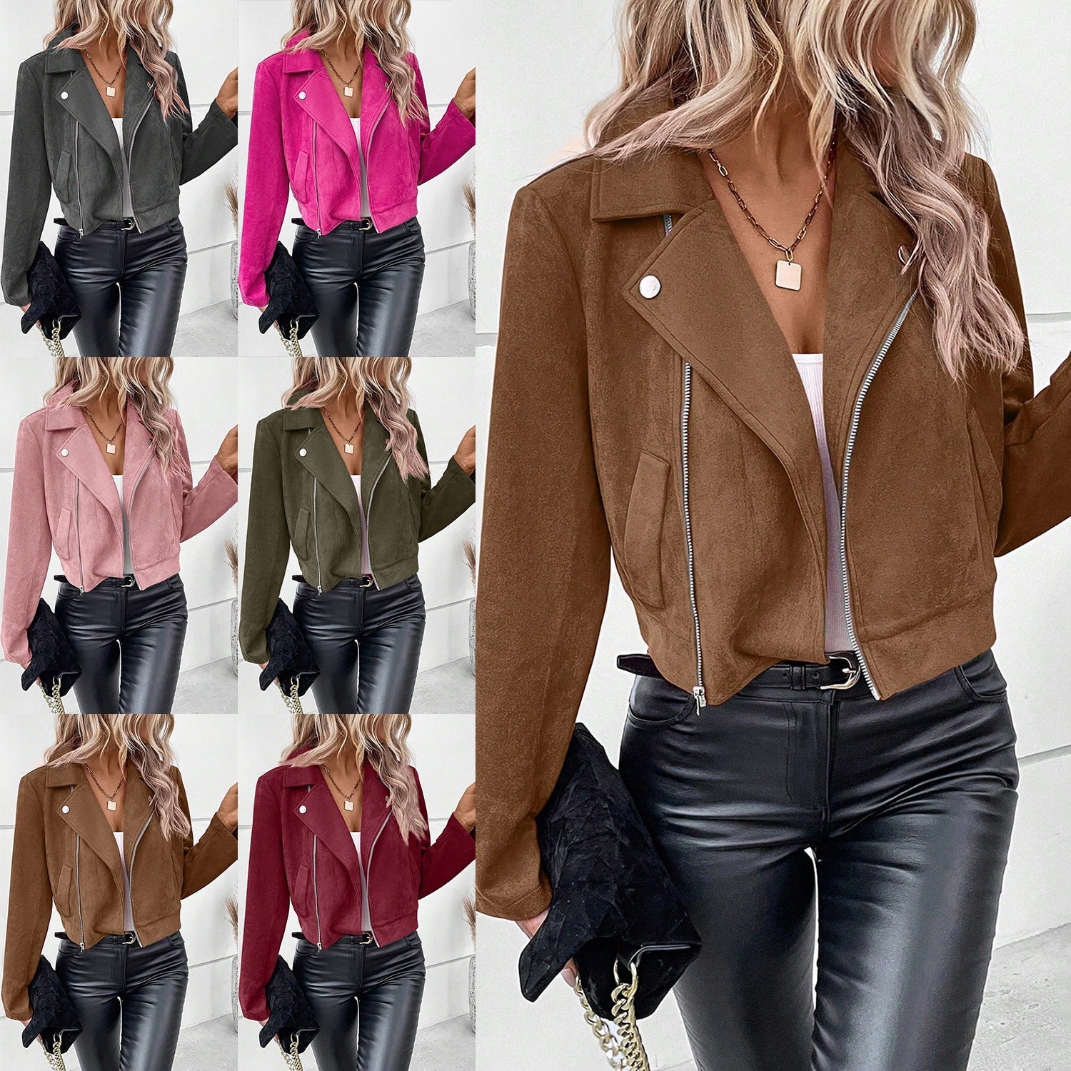 Damen Stylische Bikerjacke aus Kunstleder mit asymmetrischem Reißverschluss R&B