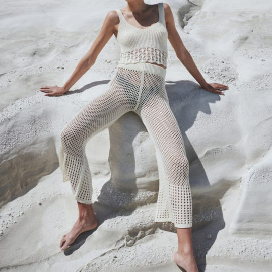 Damen luftiges Cropped-Häkeloberteil und Hochtaillierte Netzhose R&B