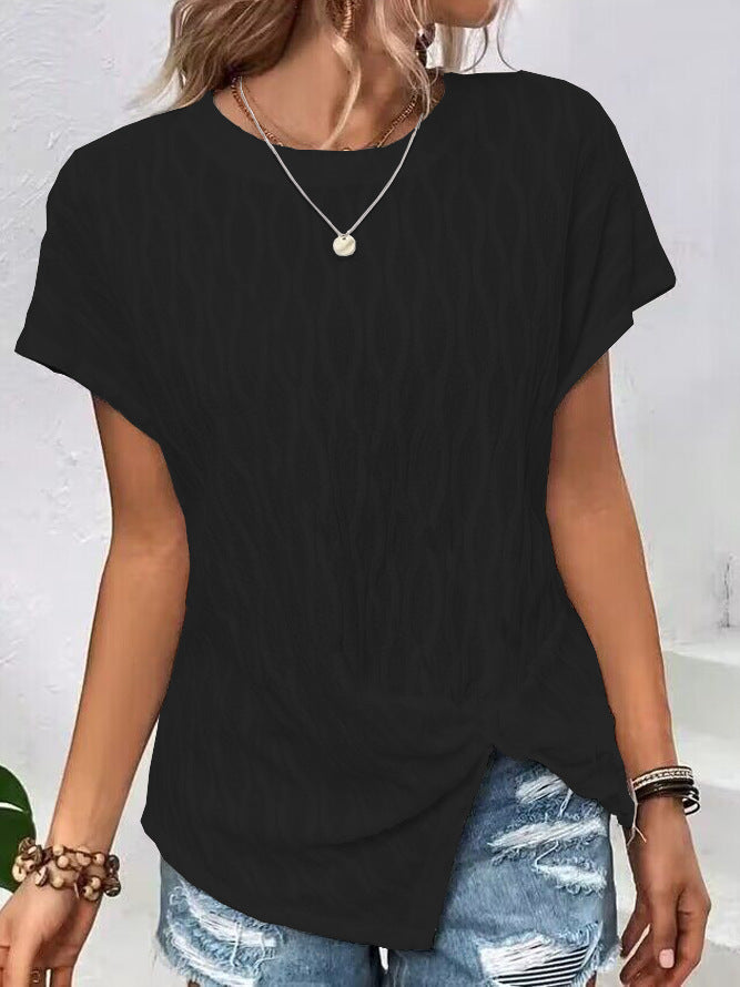 Damen Kurzarm T-Shirt mit strukturiertem Wellenmuster und hochwertiger Baumwolle R&B