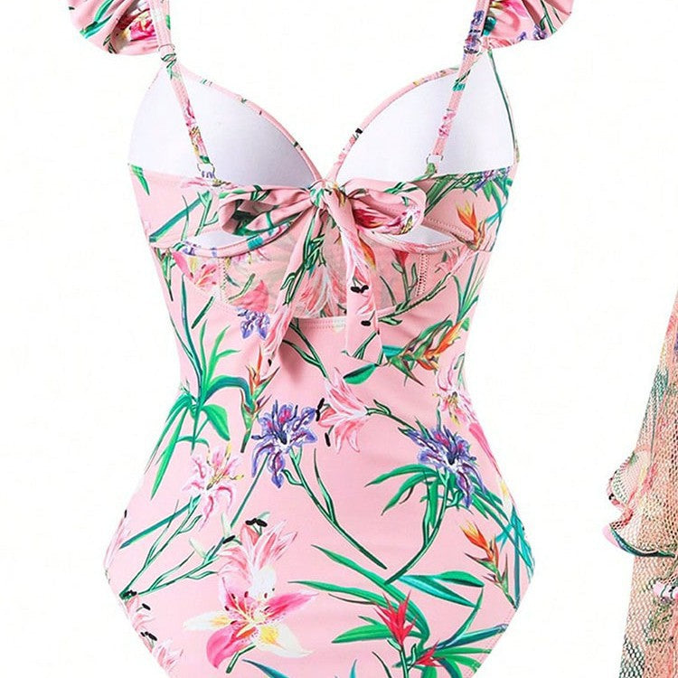 Damen Einteiler Badeanzug mit Rüschendetails und floralem Wickelrock R&B