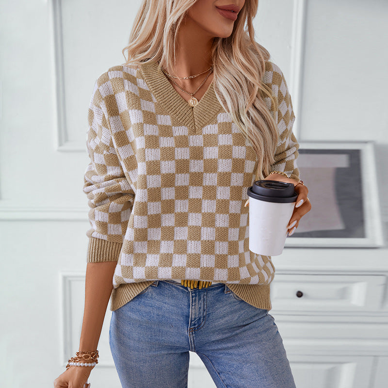 Damen lässiger V-Ausschnitt Pullover mit Karo-Muster und lockerer Passform R&B