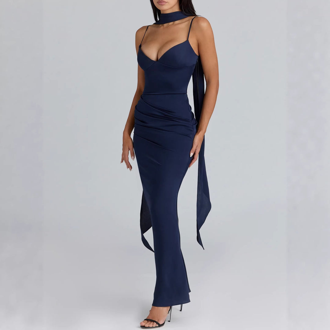 Damen Maxikleid mit figurbetontem Schnitt und elegantem Stehkragen R&B