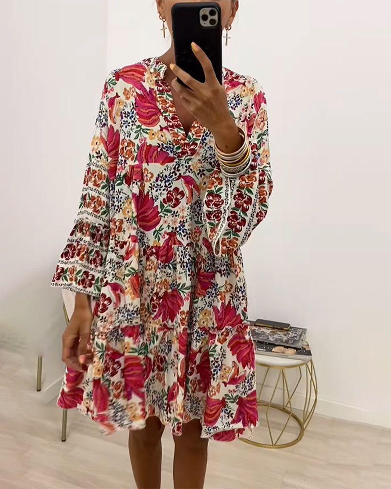 Damen nan florales Volant-Minikleid im Boho‑Stil mit V‑Ausschnitt und stufiger Silhouette R&B